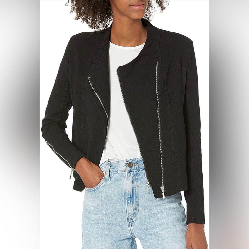 BLANKNYC Black Denim Mesh Detail Crepe Moto Jacket